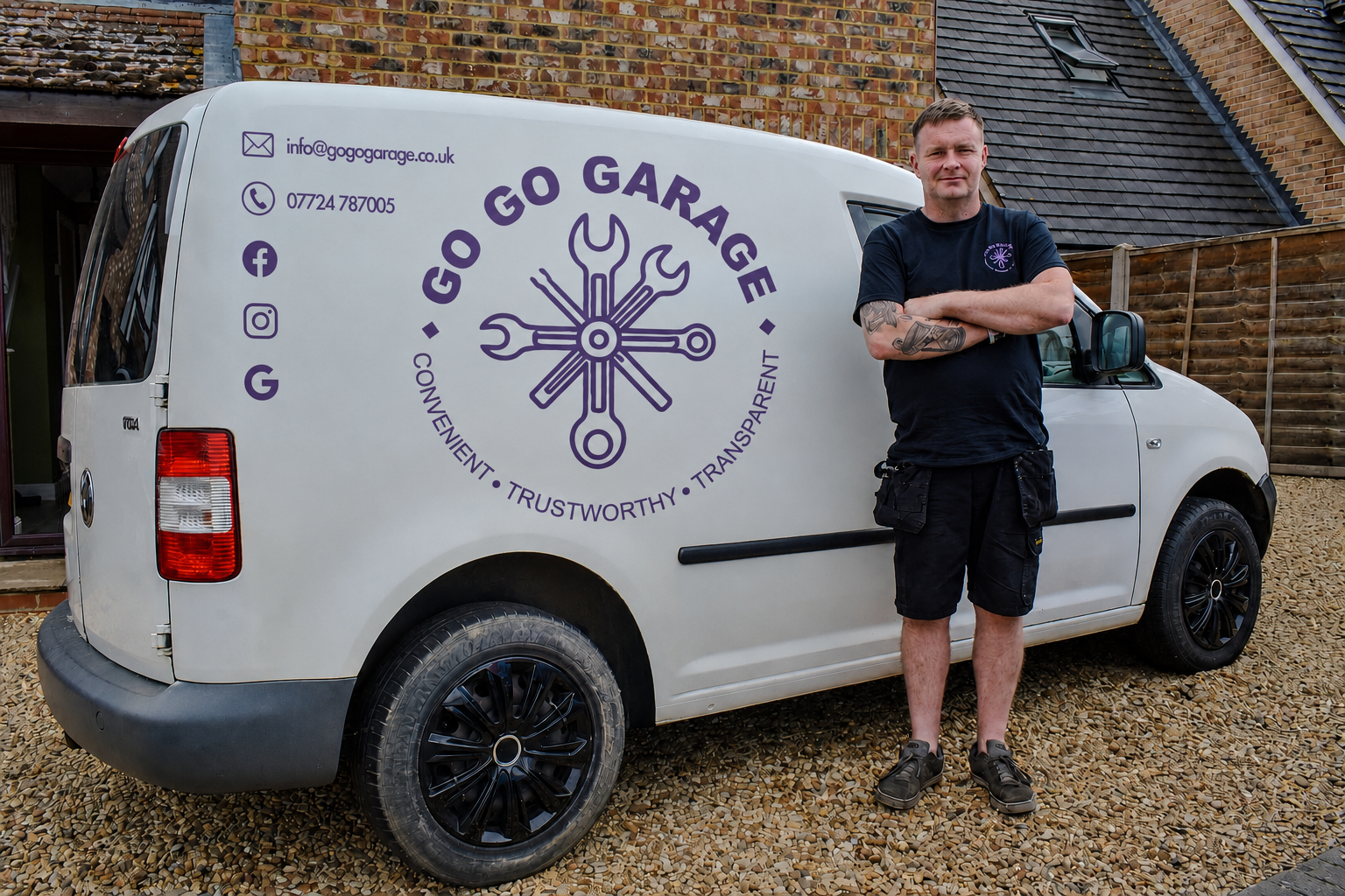 Tom Lee standing beside the Go Go Garage branded mobile mechanic van, Huntingdon
